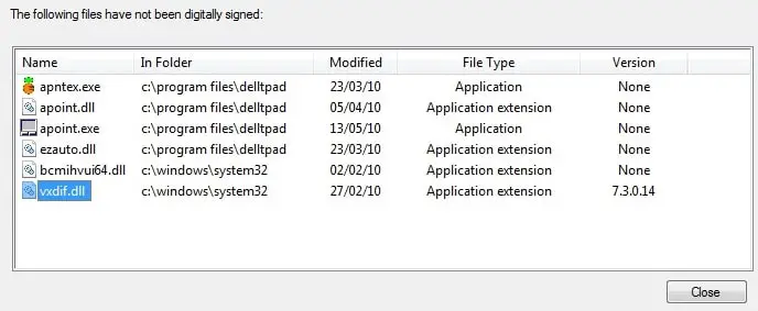 unsigned drivers list by sigverif.exe