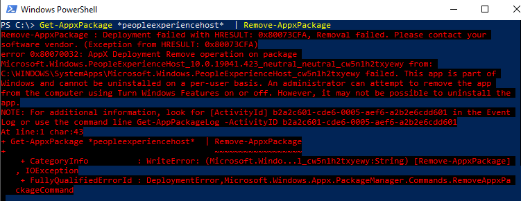 0x80073CFA uninstalling apps error powershell