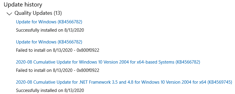 windows update error 0x800f0922 cumulative update