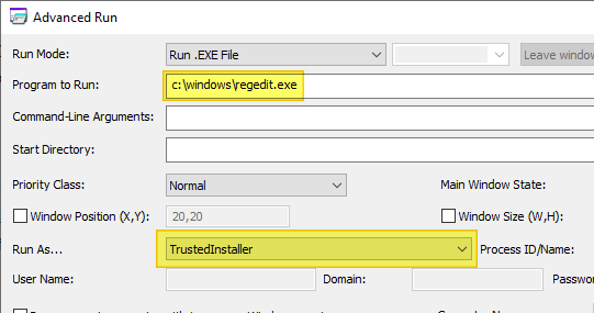 advancedrun start regedit.exe