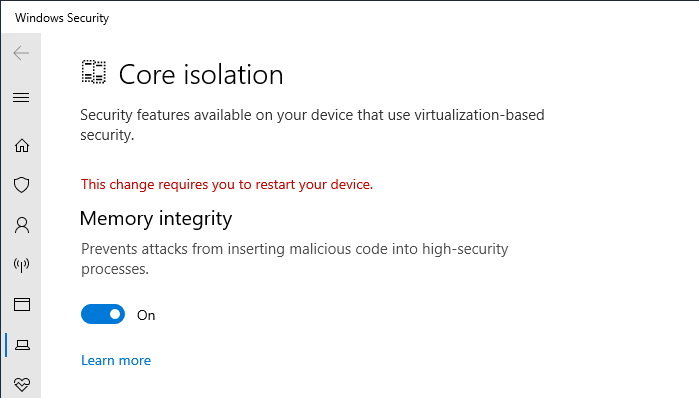 defender core isolation memory integrity enabled