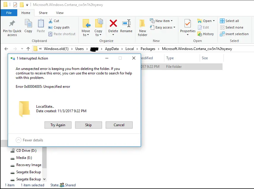 cannot delete cortana localstate folder inaccessible