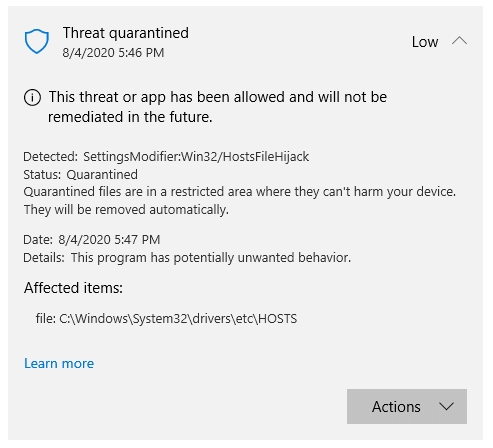 defender hostsfilehijack