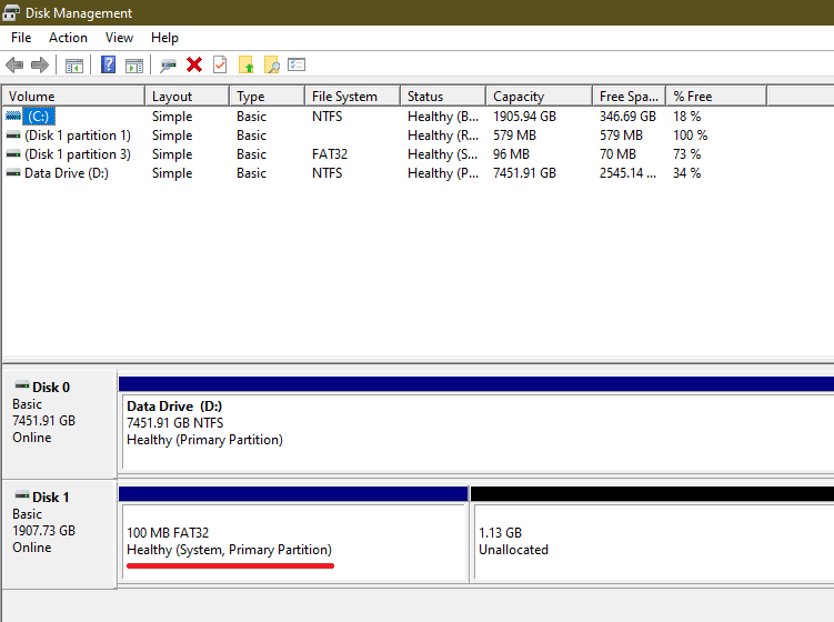 disk management - efi partition incorrect id - primary partition
