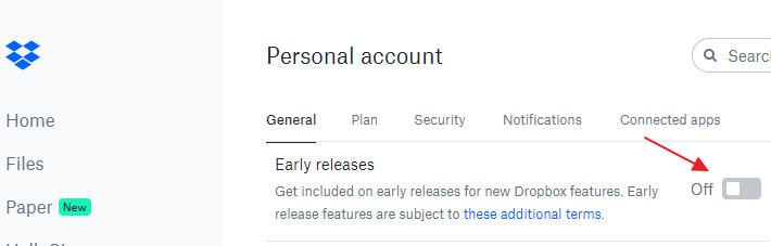 dropbox disable early release beta - settings