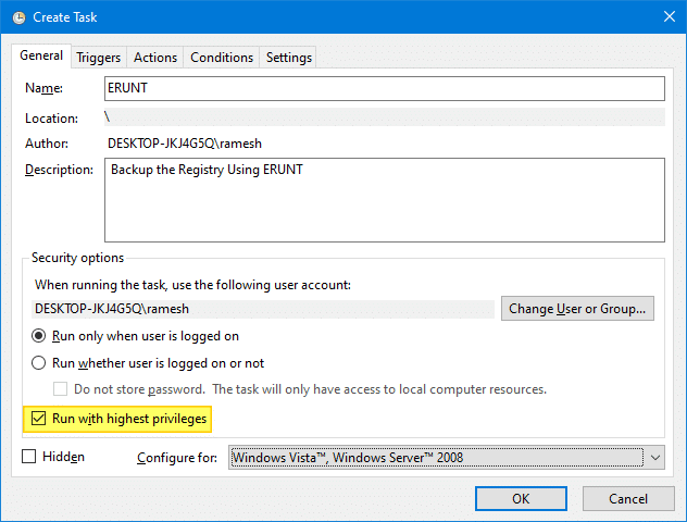 erunt backup registry hives windows 10 - task scheduler