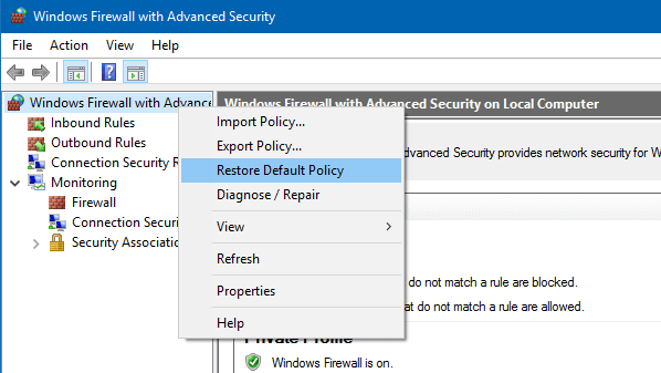 reset windows firewall settings