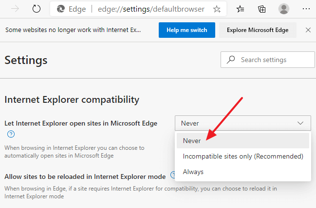 ie to edge redirect disable - edge settings