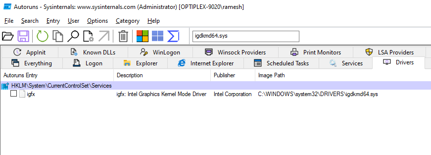 autoruns delete intel graphics driver