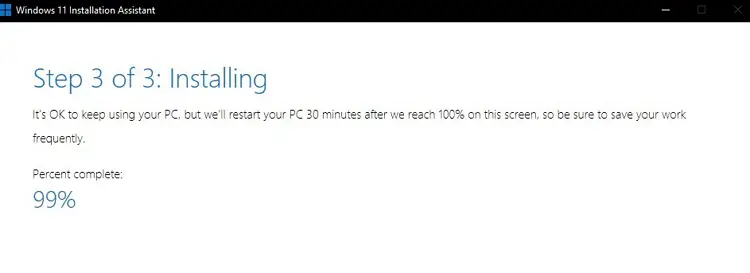 windows 11 installation assistant hangs at 99%