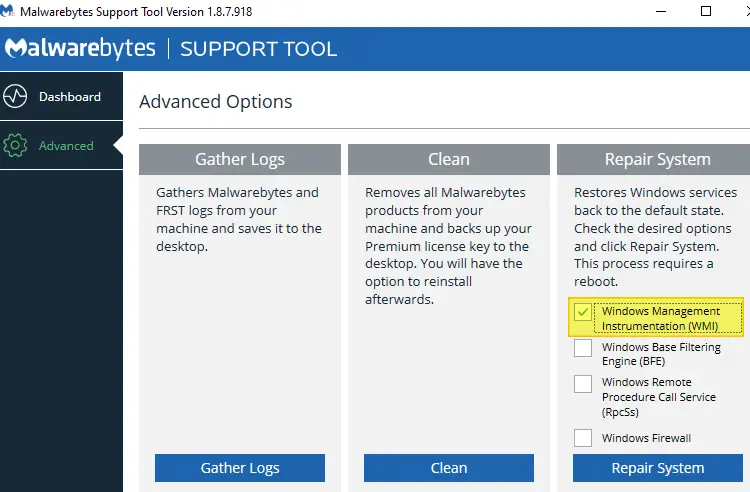 malwarebytes repair wmi - support tool