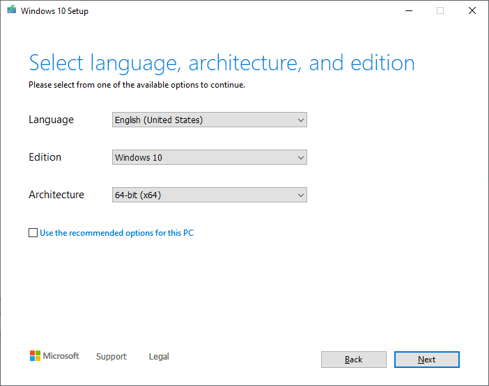 mct create installation media - iso or usb - select language architecture