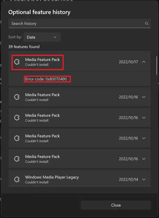 media features pack FOD error 0x8070490