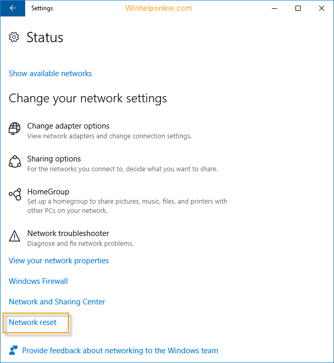 windows 10 network reset