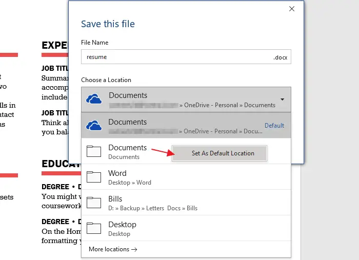 office documents default save location