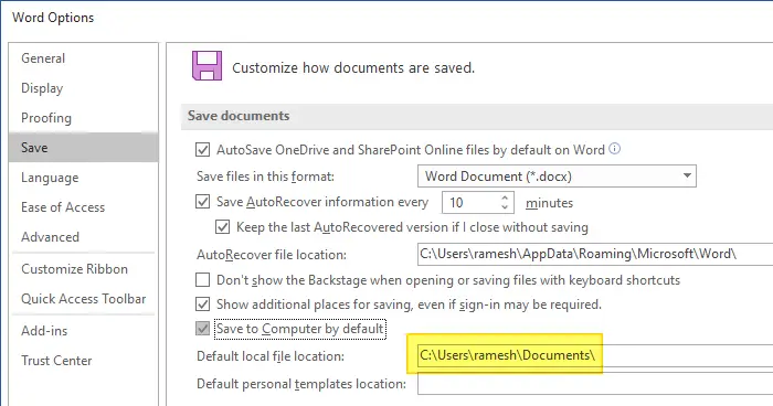 office documents default save location