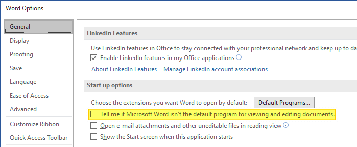 word not the default editor message startup