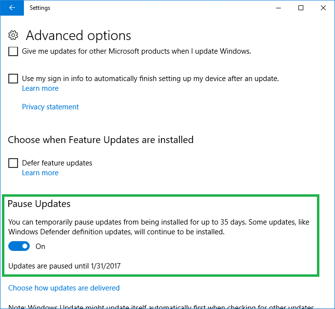 Pause updates in Windows 10