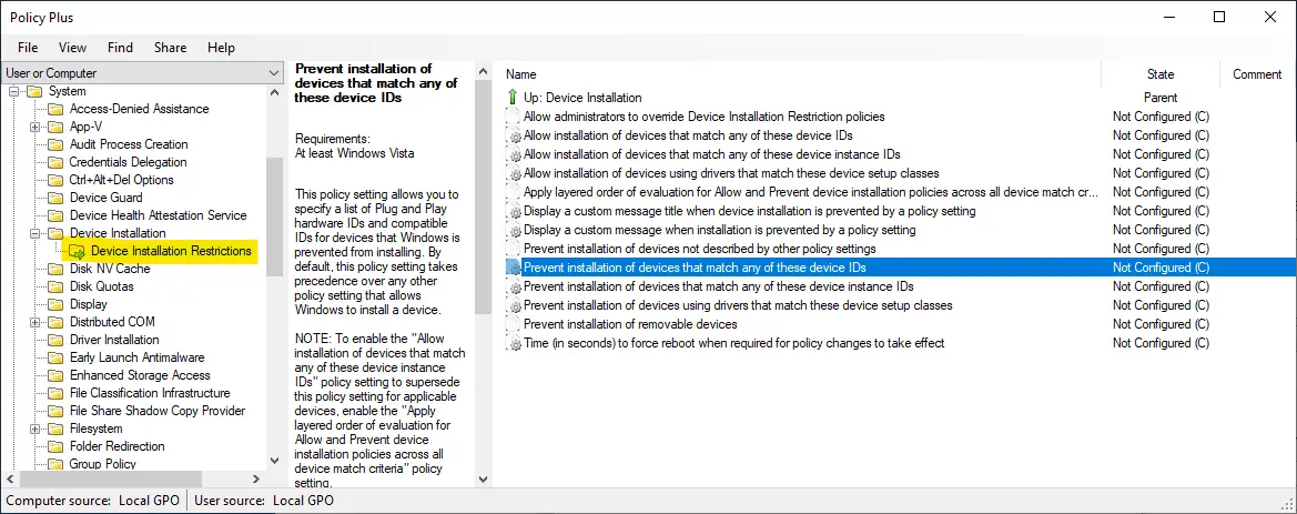 policyplus - device ids block driver update gpo