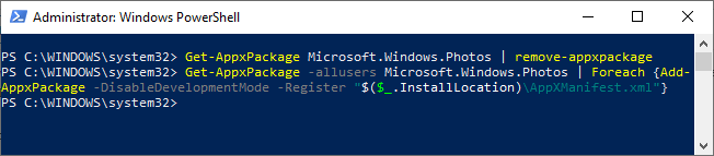 reinstall photos app powershell