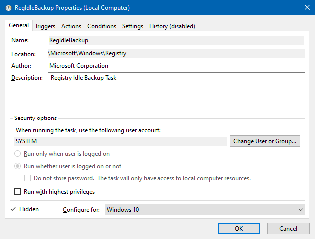 regidlebackup task scheduler regback