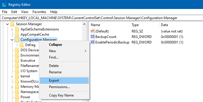 backup or export selected registry key