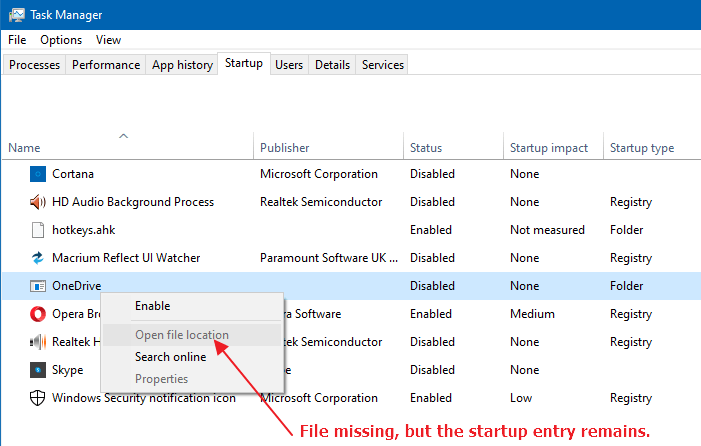 task manager startup tab dead entries - onedrive
