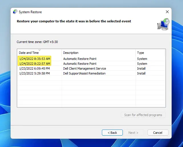 system restore list of restore points in windows 11 - 24 hrs frequency