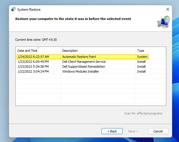 system restore list of restore points in windows 11