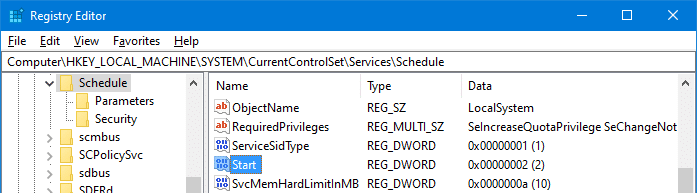 task scheduler startup type registry