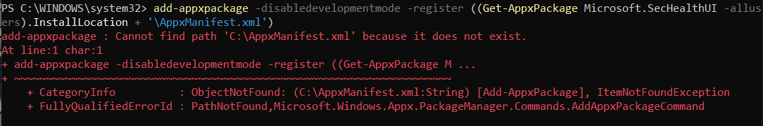 sechealthui add-appxpackage error