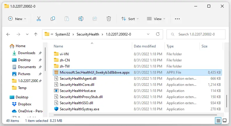 sechealthui folder appx missing