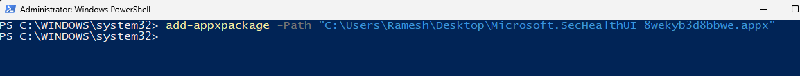 sechealthui add-appxpackage powershell