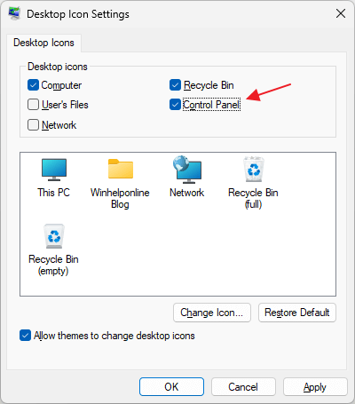 control panel - show desktop icons dialog
