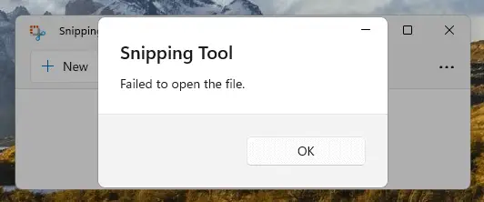 snip failed to open the file