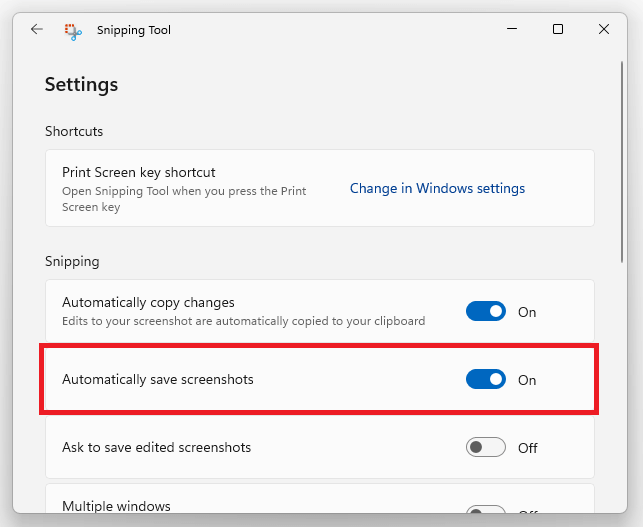 snipping tool save screenshots automatically