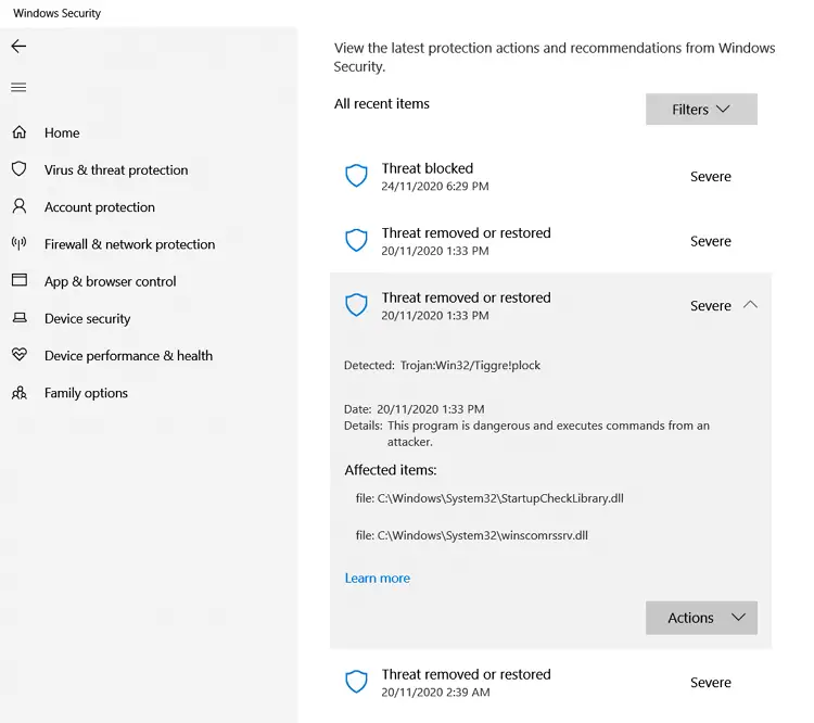 startupchecklibrary.dll malware startup error - defender block