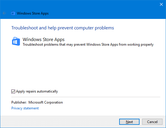 windows store apps troubleshooter window