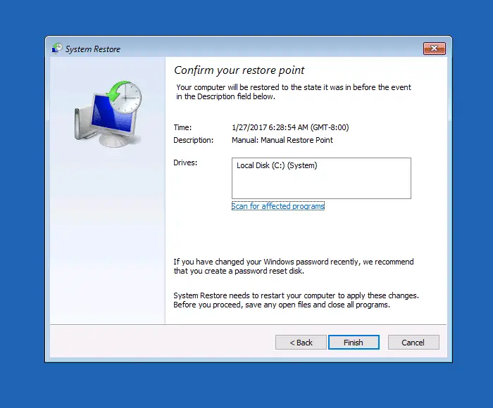 Perform System Restore Rollback Offline