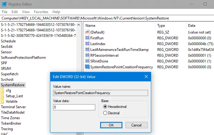 system restore point creation frequency 24 hours