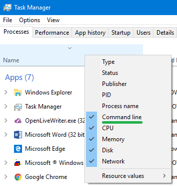 task manager show command line