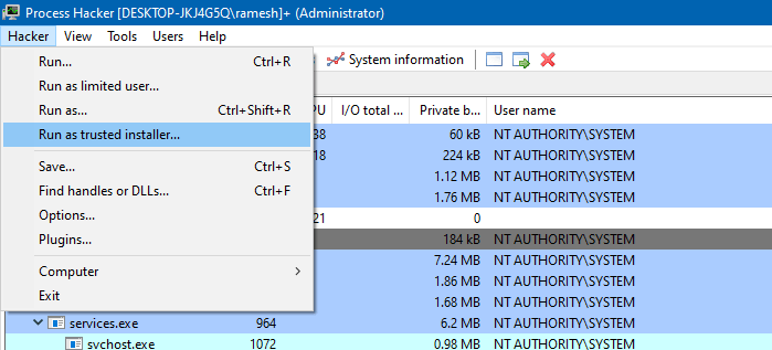 run as trustedinstaller - process hacker plugin