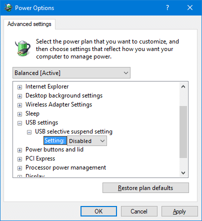 disable usb selective suspend setting