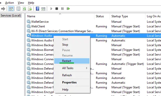 restart windows audio service