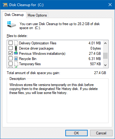 free up disk space fall creators update previous windows installations