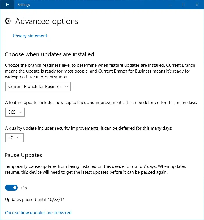 wu advanced options delay feature updates