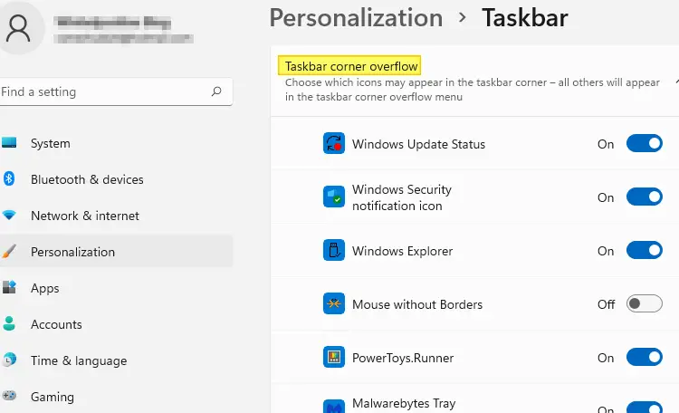 taskbar notification overflow icons windows 11