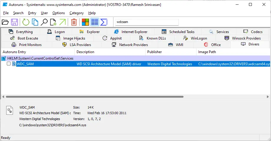 wdcsam.sys wdcsam64.sys - Autoruns delete