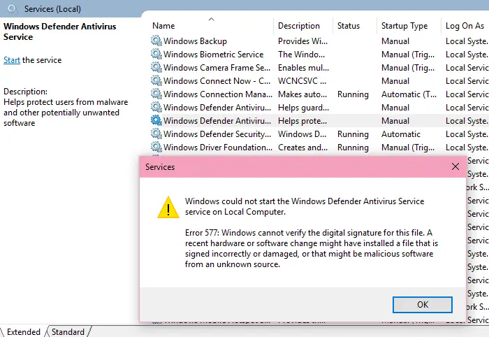 windows defender error 577
