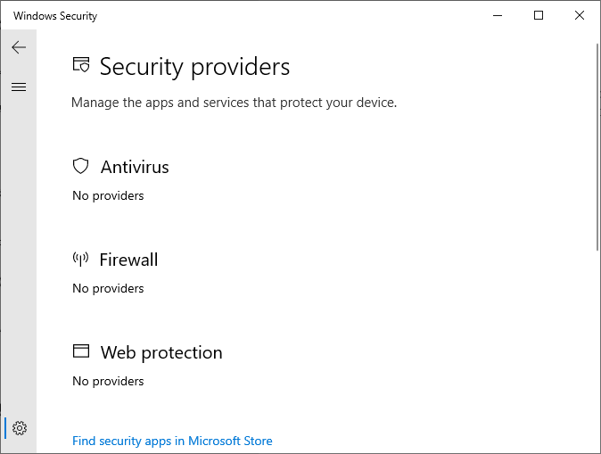 windows defender service missing - security at a glance is empty